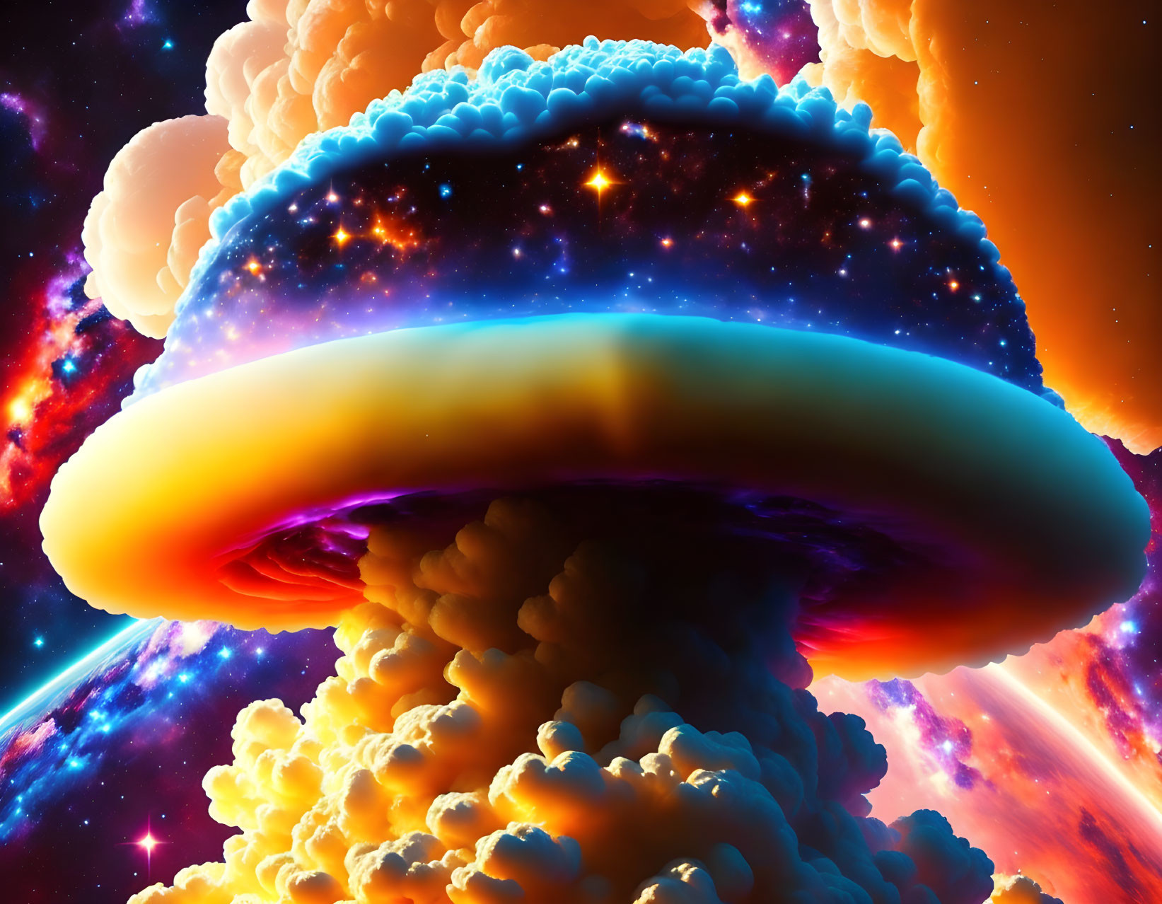 Cosmic-themed artwork: Mushroom cloud in star-filled sky