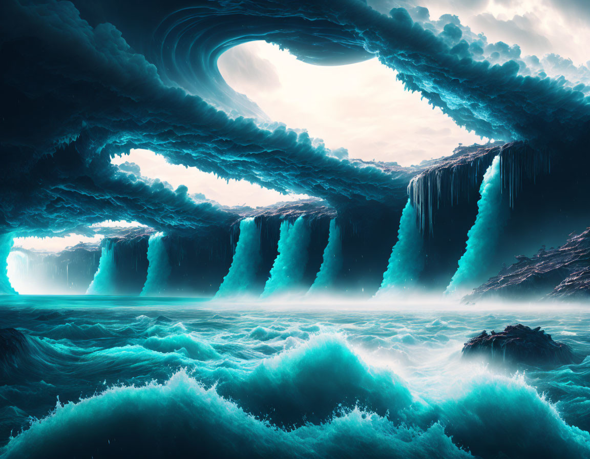 Surreal landscape with waterfalls, waves, moon, and blue sky