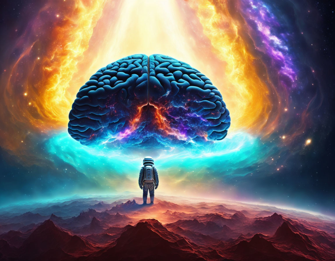 Astronaut in cosmic landscape with glowing brain