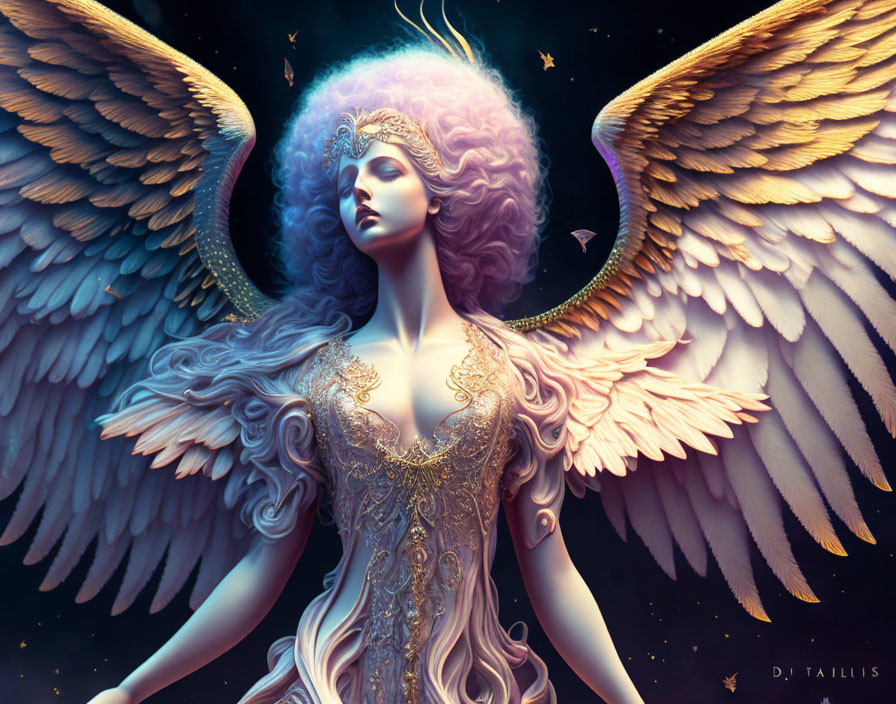 Ethereal angelic figure with white wings and golden attire on starry background