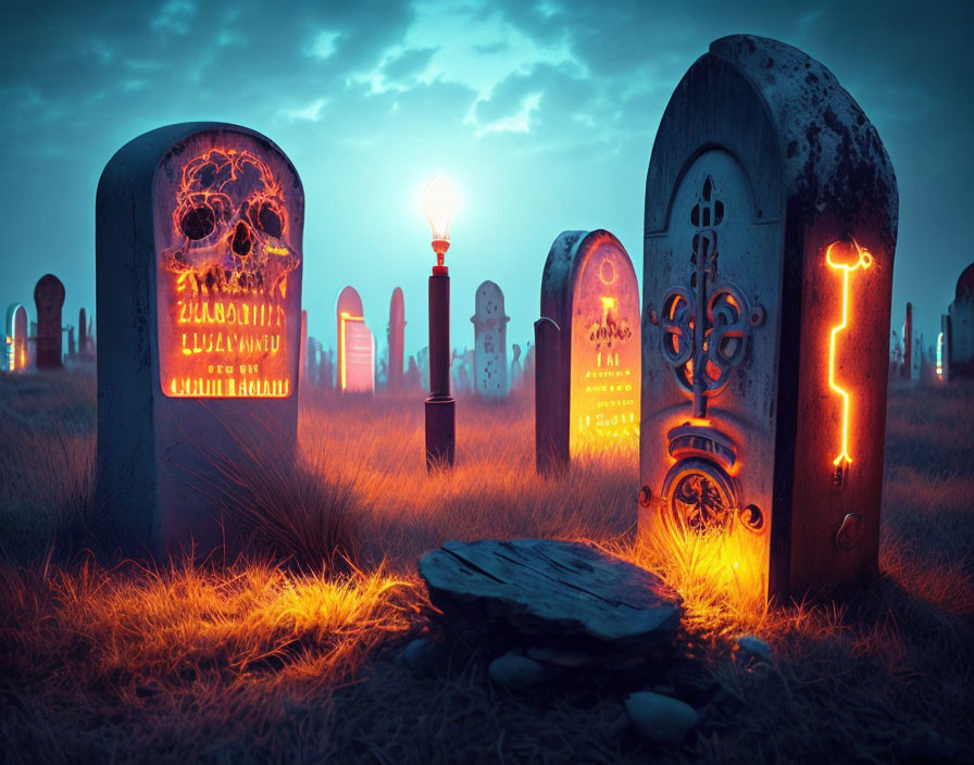 Eerie nighttime cemetery scene with glowing tombstones