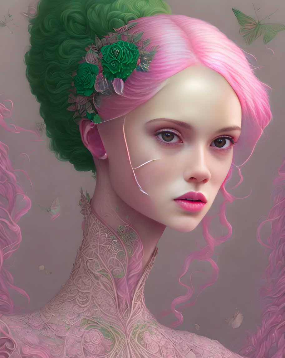 Woman with Pink and Green Hair, Floral Dress, and Butterflies