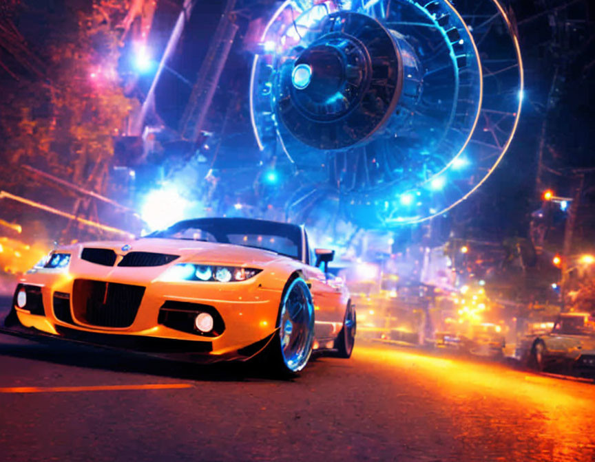 Stylized BMW car with glowing wheels in futuristic city night scene