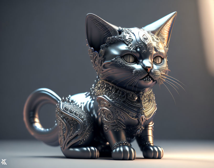 Detailed Metallic Cat Sculpture with Intricate Patterns and Pointed Ears