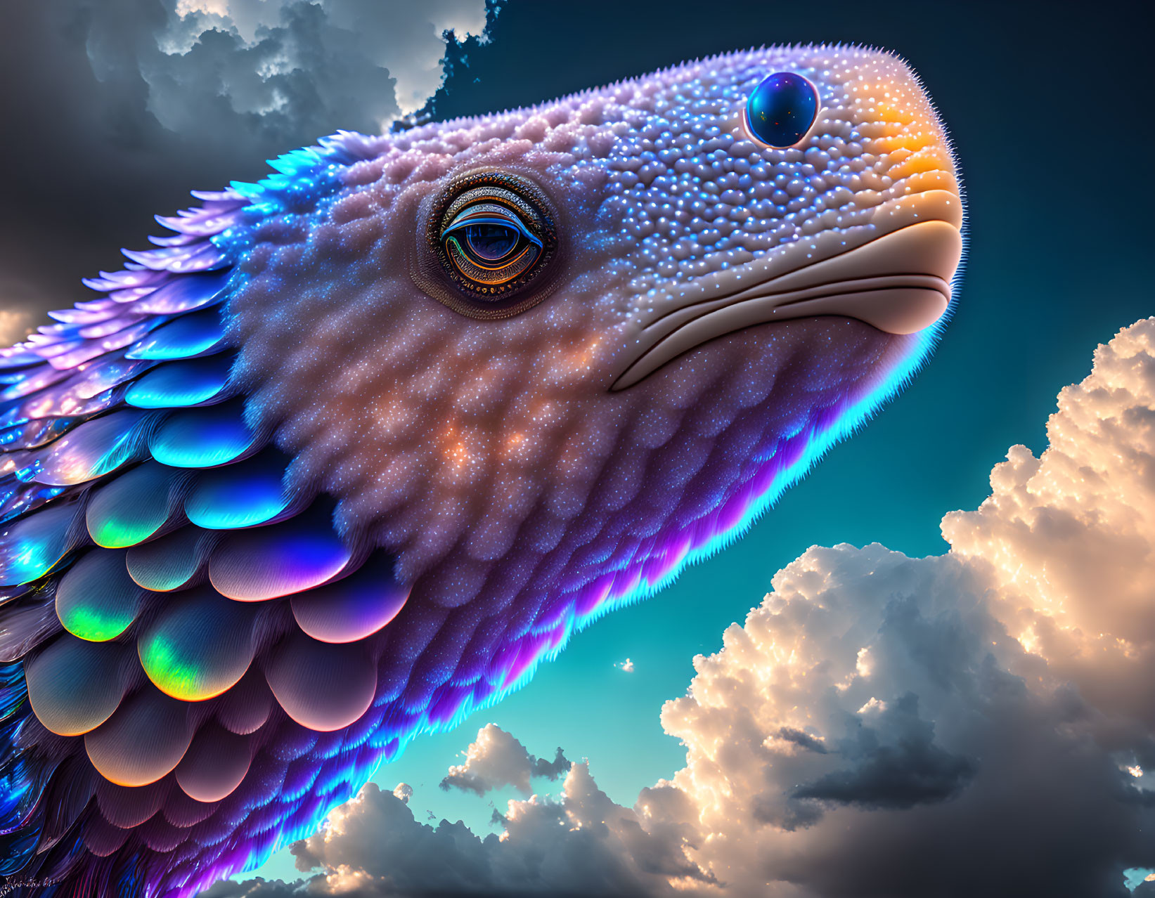 Hyper-realistic Eagle Head Illustration with Iridescent Feathers & Dramatic Sky