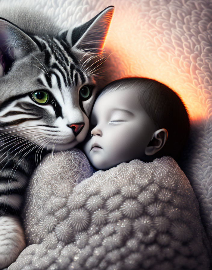 Sleeping baby beside watchful cat in warm glow