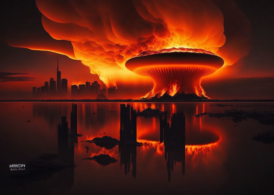 Dramatic digital artwork: Mushroom cloud explosion over city skyline at dusk