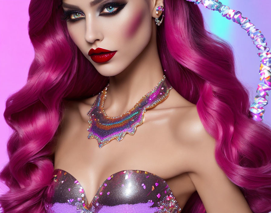 Vibrant pink hair woman in bold makeup and sparkly attire on purple background