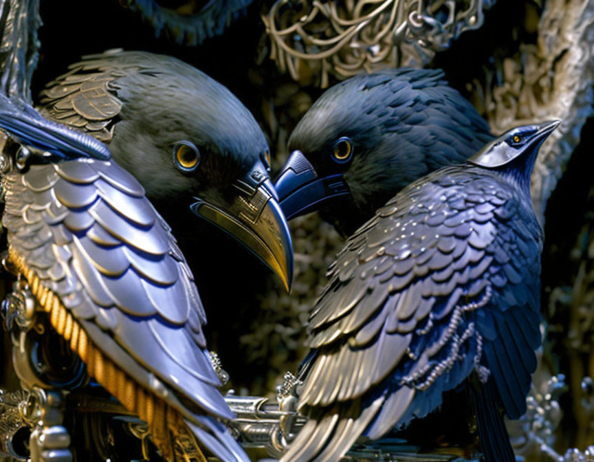 Intricately detailed raven sculptures with silver beaks on ornate metalwork