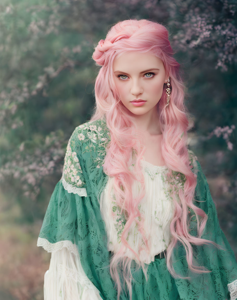 Pink-haired woman in green lace amidst soft pink blossoms