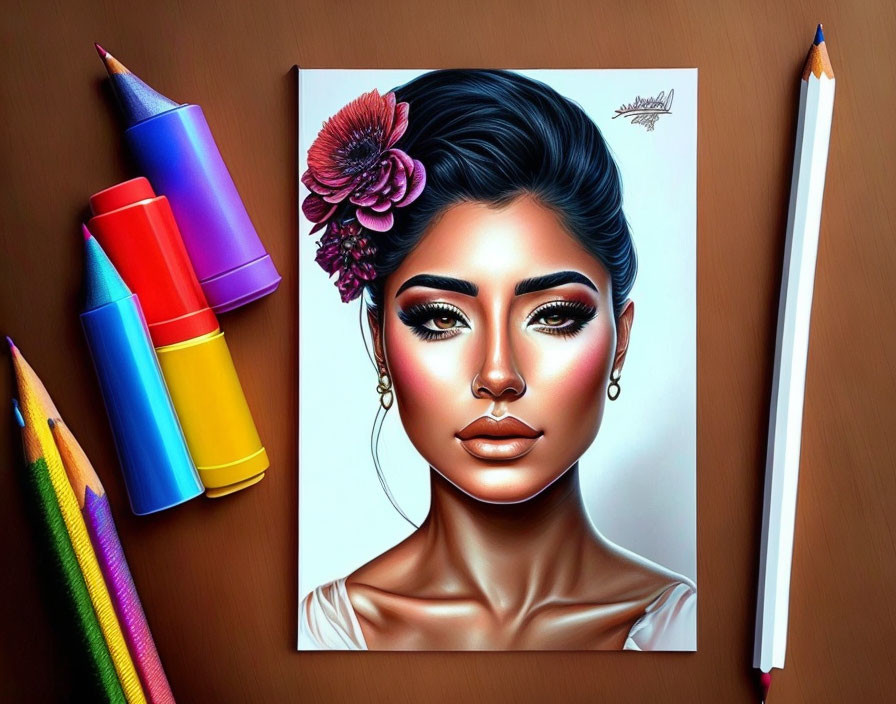 Vibrant woman portrait with flower and art supplies