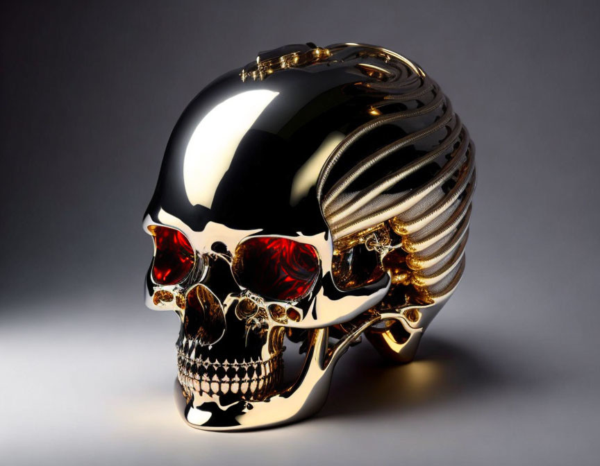 Black and Gold Skull with Red Eye Sockets and Metallic Details