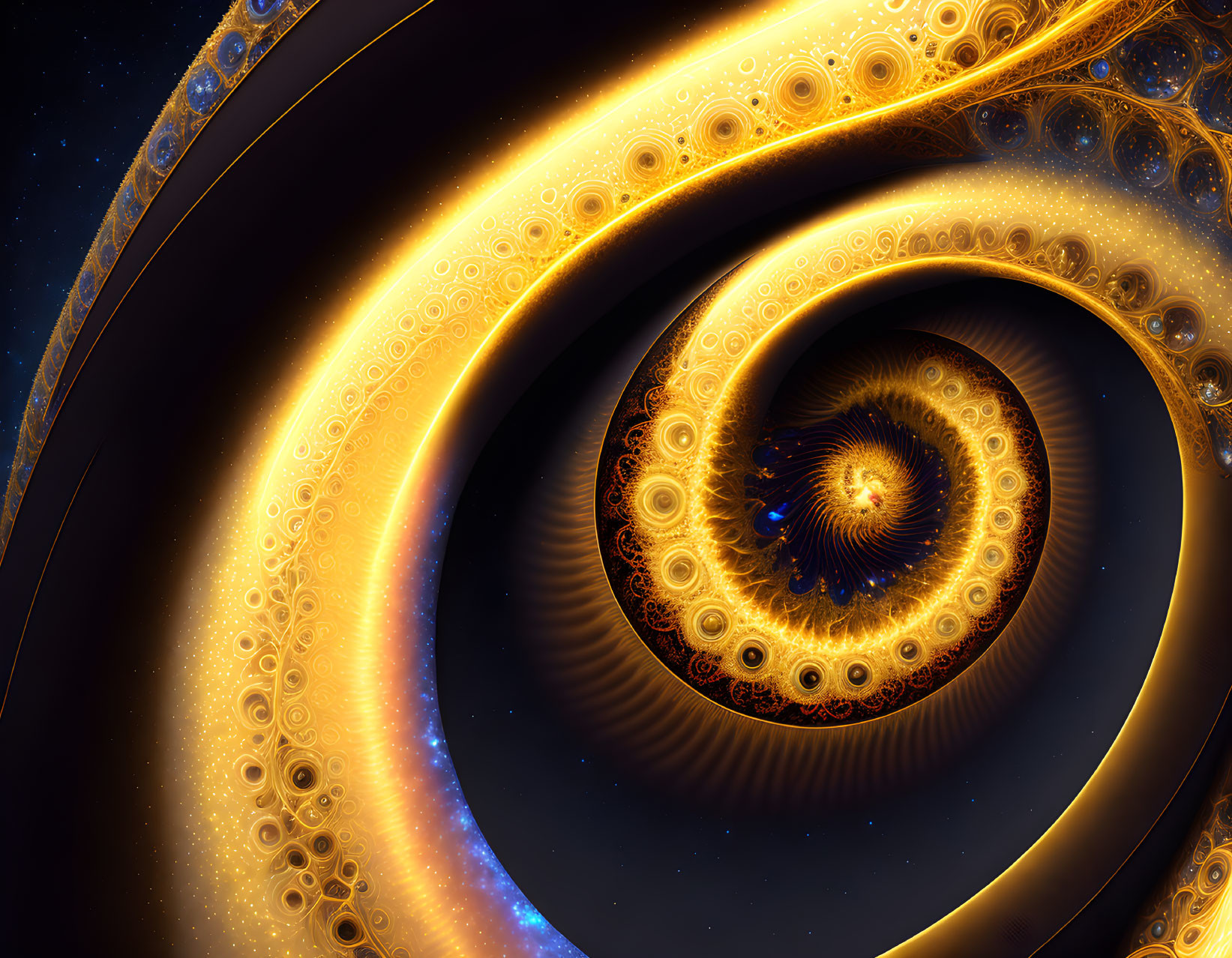 Golden fractal spiral resembling a galaxy with intricate patterns and cosmic backdrop