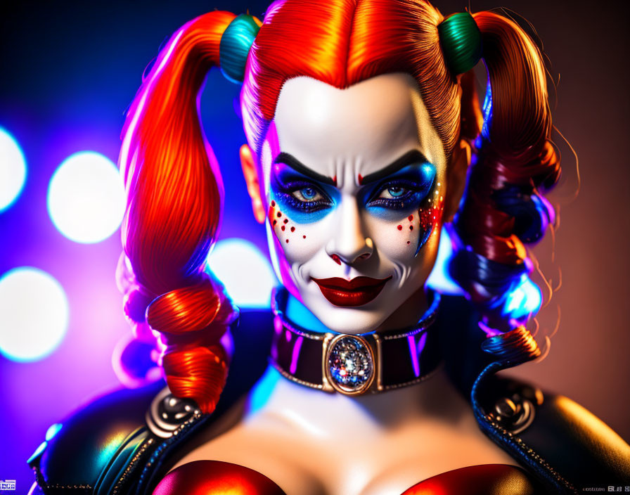 Colorful portrait of female comic character with red and blue pigtails and clown makeup