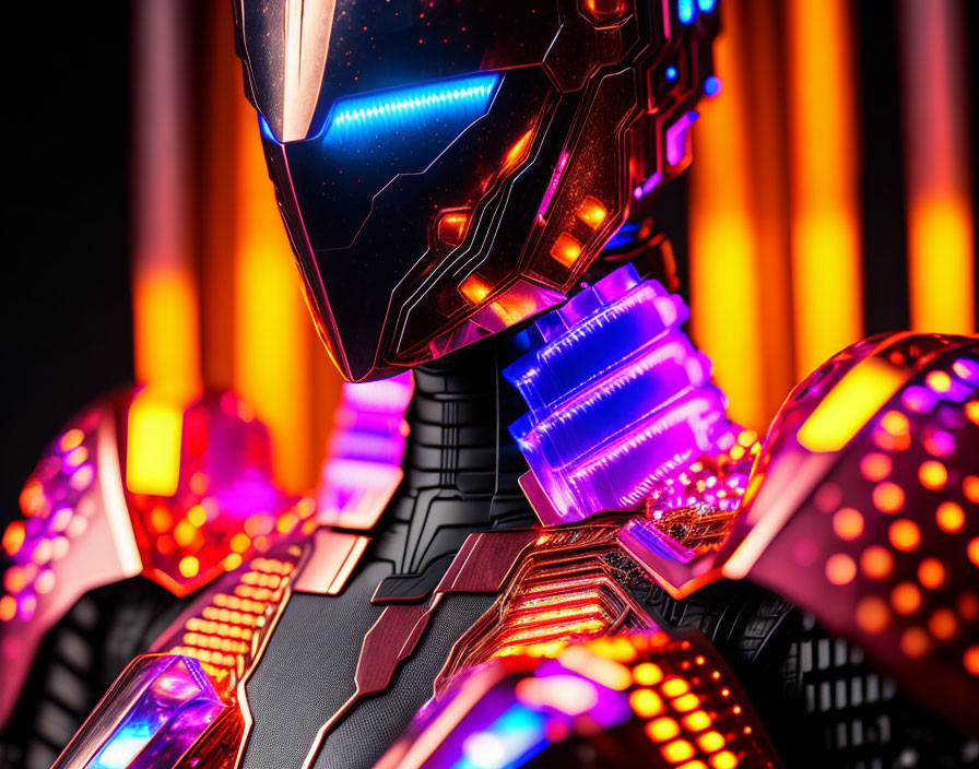 Armored robot with blue and orange elements on abstract neon-lit background