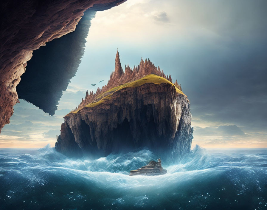 Fantasy landscape with floating rocky island, castle, ship, and birds.