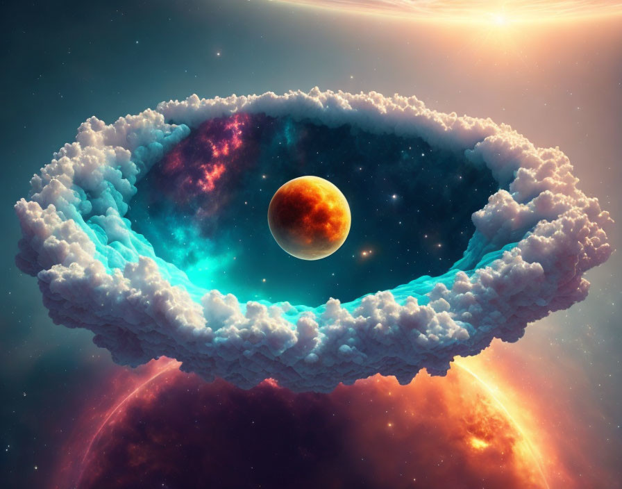 Surreal cosmic image: moon, clouds, nebula, celestial bodies