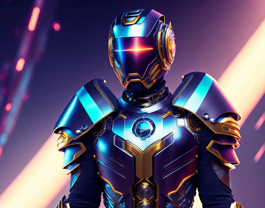 Futuristic armored robot with blue and purple design in dynamic backdrop