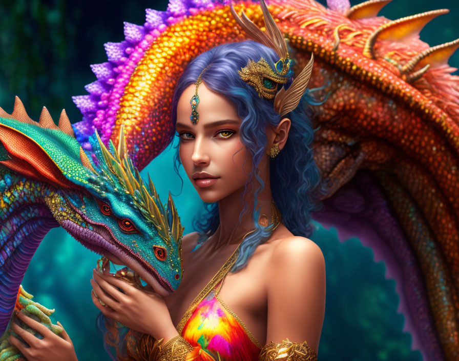 Fantasy image: Woman with blue hair and gold jewelry touching colorful dragon