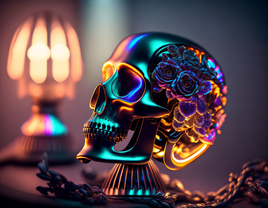 Colorful Metallic Skull with Floral Patterns and Neon Lighting on Soft-focus Background