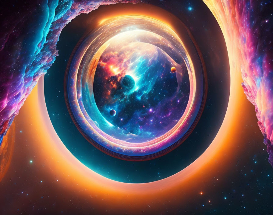 Colorful cosmic digital artwork featuring swirling galaxies and celestial bodies.