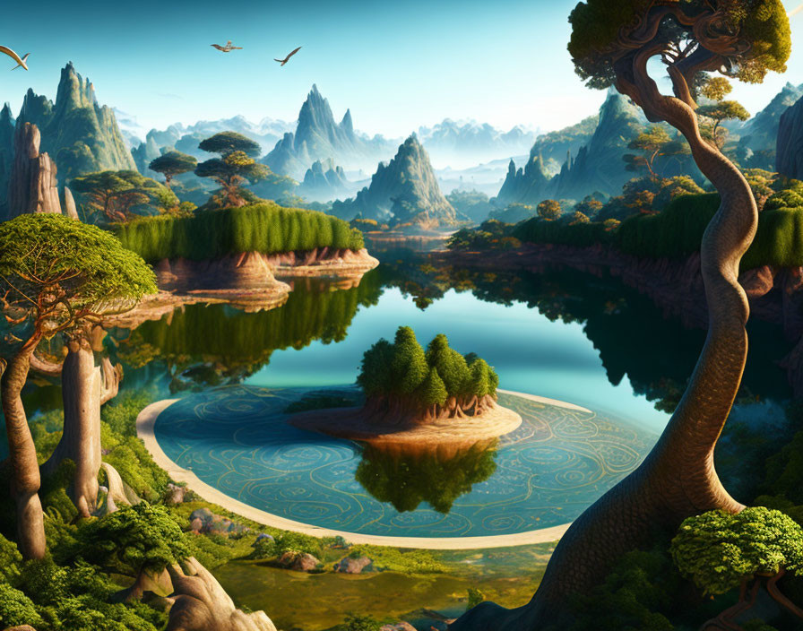 Twisted trees, serene lake, island patterns, birds in vibrant fantasy landscape