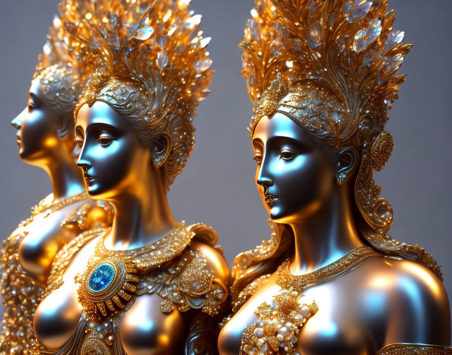 Golden female figures with ornate headdresses and jewelry on warm backdrop