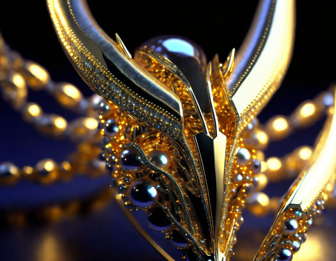 Golden ornate object with feather-like structures in digital art.