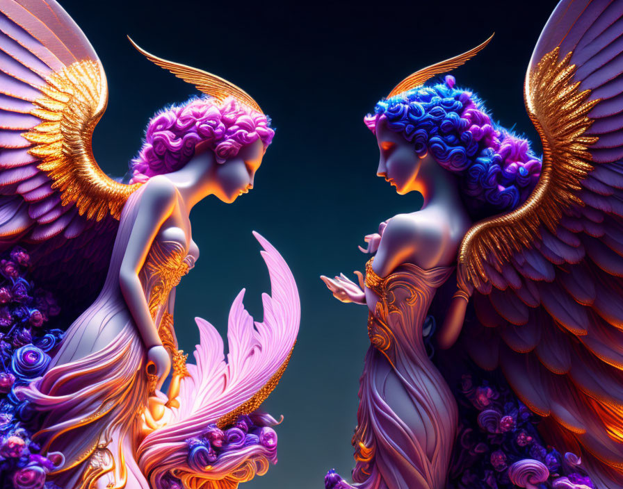 Vibrant angelic beings with ornate wings and floral motifs on dark blue background