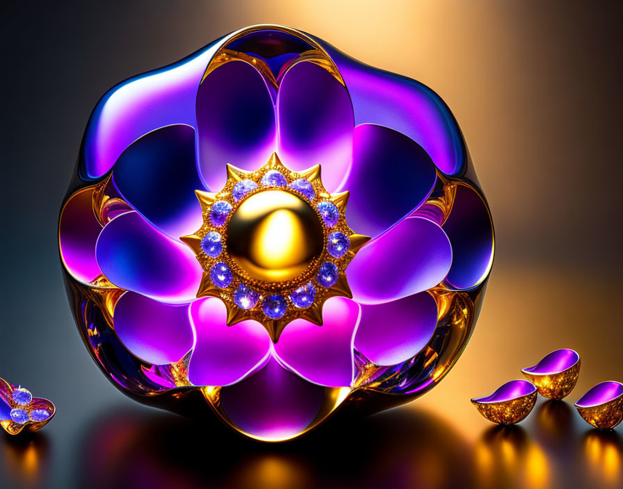 Colorful digital art: Large shiny flower-like object in purple and gold hues with jewels on a dark