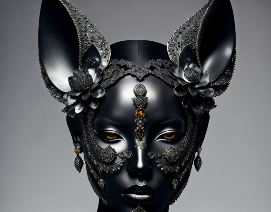 Intricate dark mask with lace, jewels, and stylized ears on person in close-up.