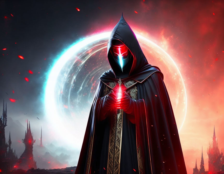 Hooded figure with red visor and cosmic portal in red sky