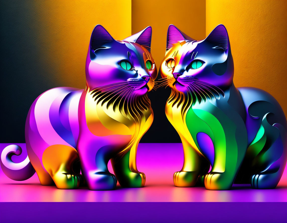 Vibrant Rainbow Cats on Metallic Background