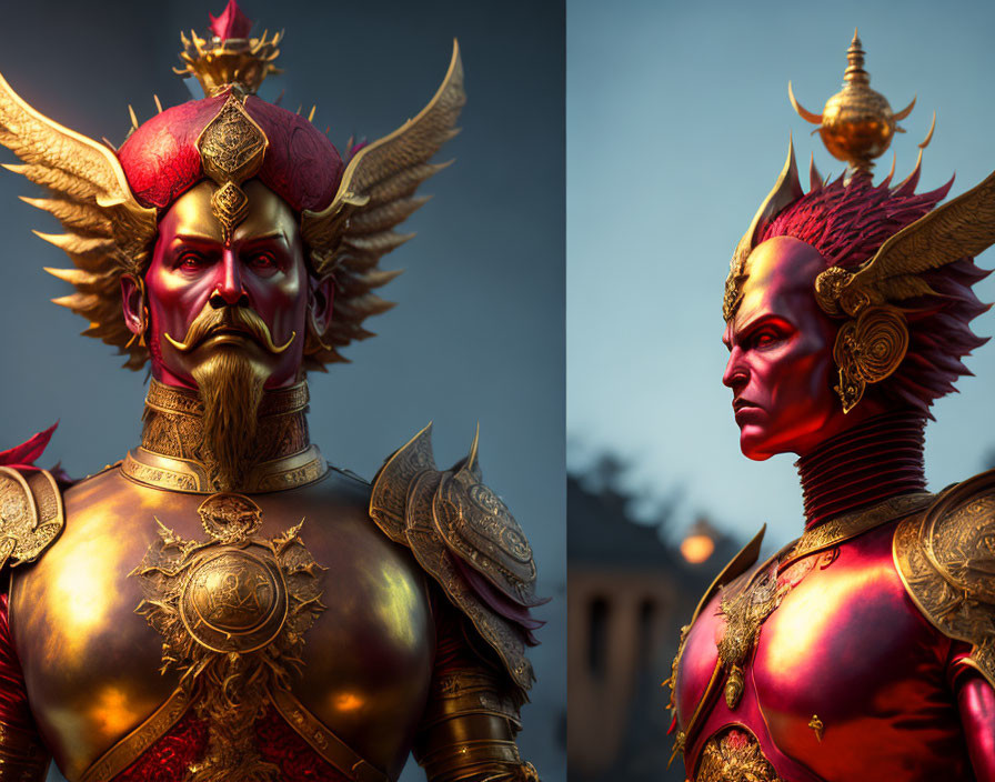 Elaborate Golden Armor Fantasy Characters Displaying Fierce Expressions