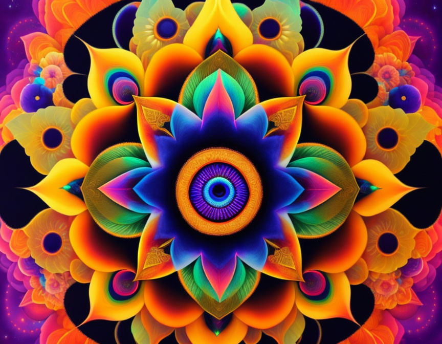 Colorful Symmetrical Digital Mandala with Central Eye and Petals