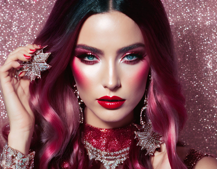 Woman with Red Makeup and Sparkling Accessories on Glittery Pink Background