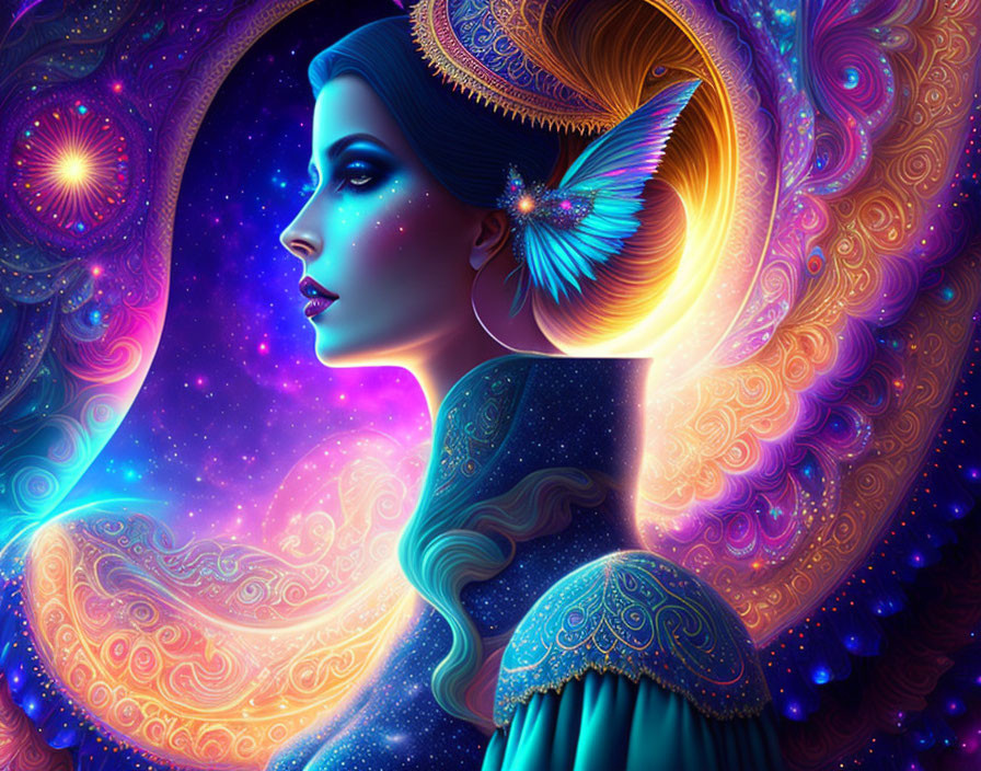 Colorful digital artwork of woman with celestial motifs and glowing butterflies