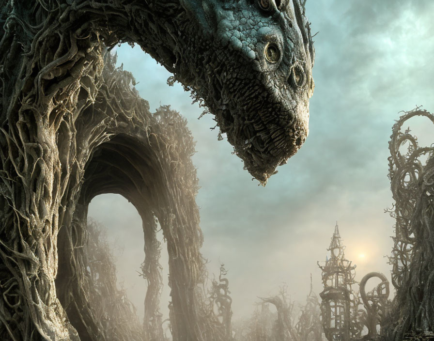 Majestic dragon in fantasy landscape with ancient trees and ornate structures