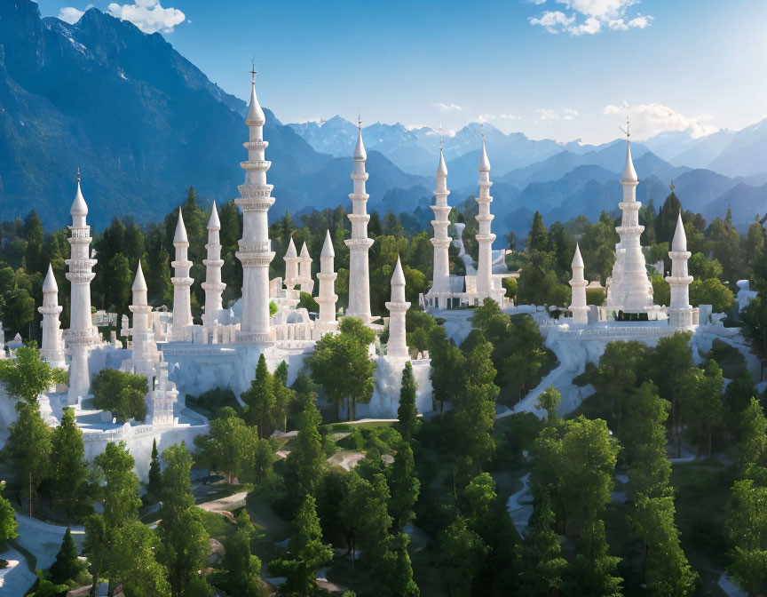 White Palace with Spires in Mountain Landscape