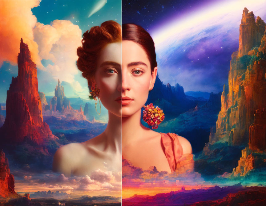 Composite Image: Woman's Portrait Blended with Surreal Landscape