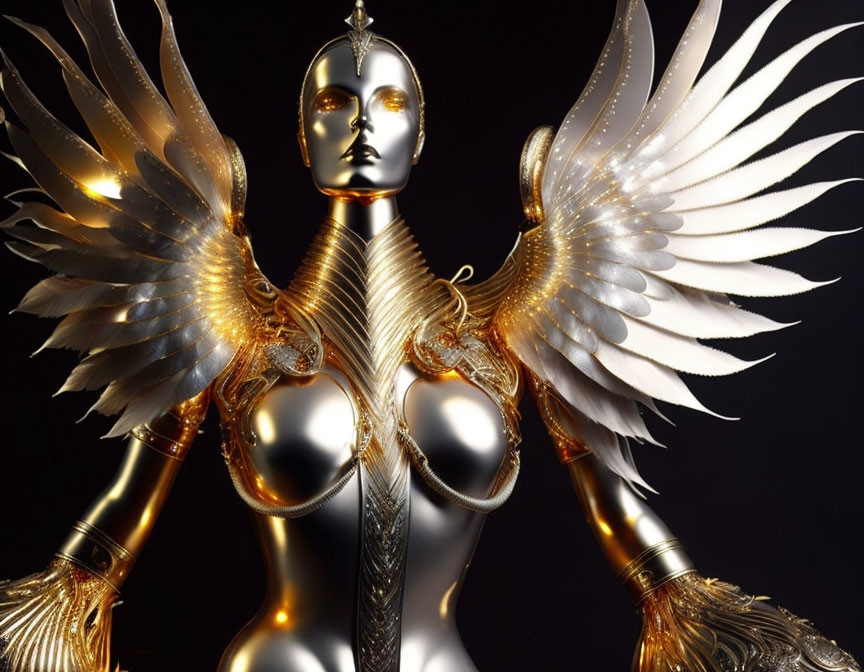 Golden embellished metallic humanoid with white feathered wings on dark background