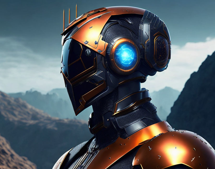 Detailed Robot with Orange and Black Helmet Against Mountainous Backdrop