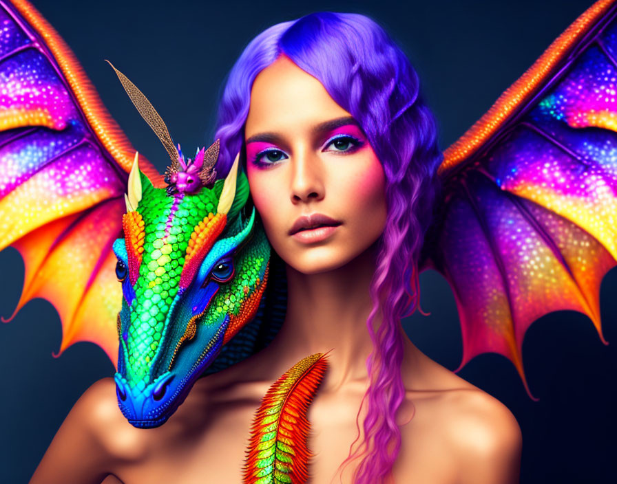 Violet-haired woman and green dragon with vibrant wings in mythical scene