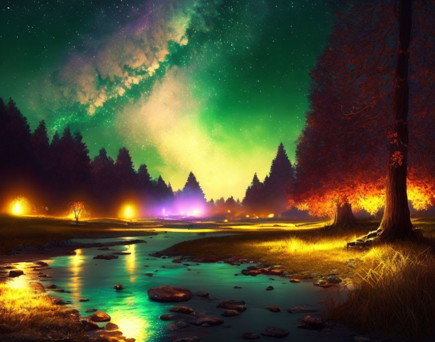 Vibrant nighttime landscape with aurora sky, stars, trees, stream.