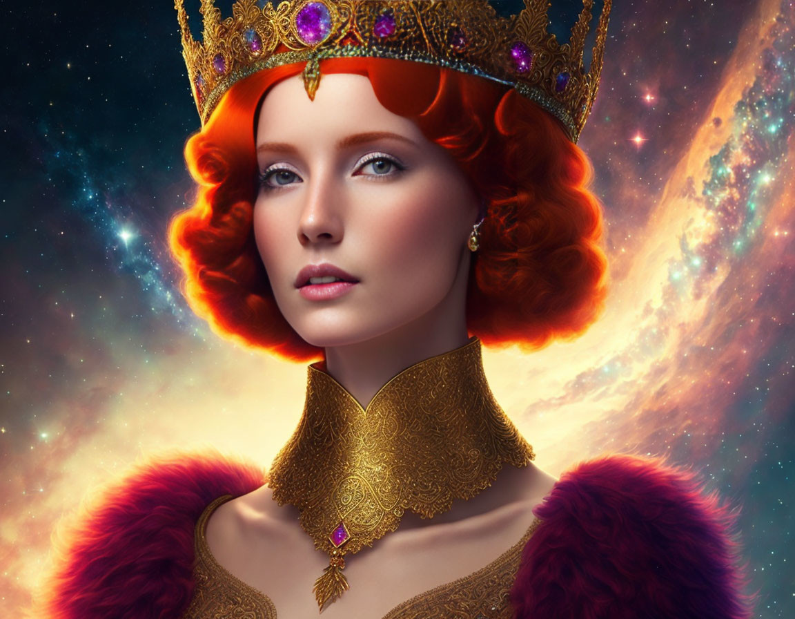 Regal woman with red hair and golden crown in cosmic setting