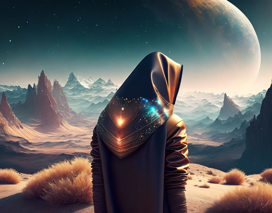 Cloaked Figure in Cosmos-Patterned Interior on Alien Desert Landscape