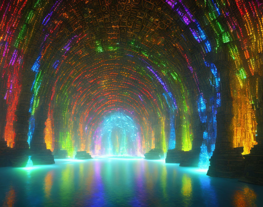 Colorful Light Tunnel Over Tranquil Waterway