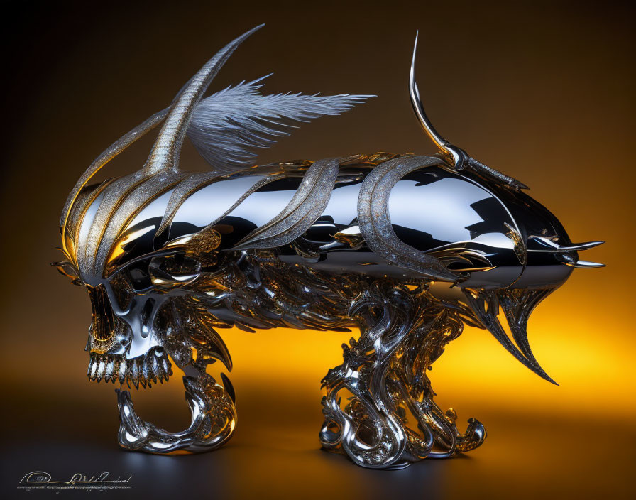 Metallic Skull Sculpture with Horns and Feathers on Amber Background