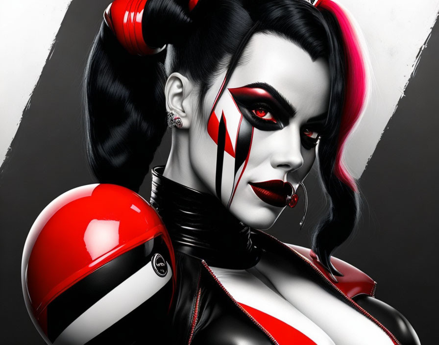 Stylized portrait of woman with black and red harlequin makeup and monochromatic hair