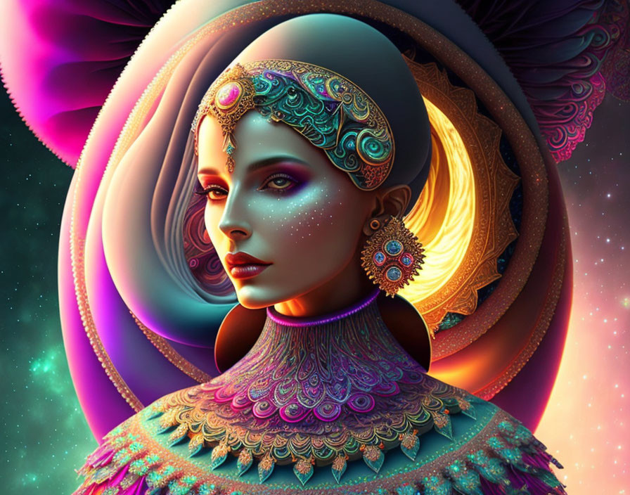 Cosmic surreal portrait of a woman with vibrant elements